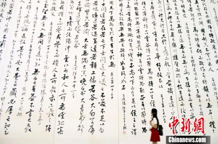 2014年8月,江苏南京,一位参观者在欣赏世界最大幅书法作品《道德经》全卷。中新社发 安东 摄 2014年8月,江苏南京,一位参观者在欣赏世界最大幅书法作品《道德经》全卷。中新社发 安东 摄