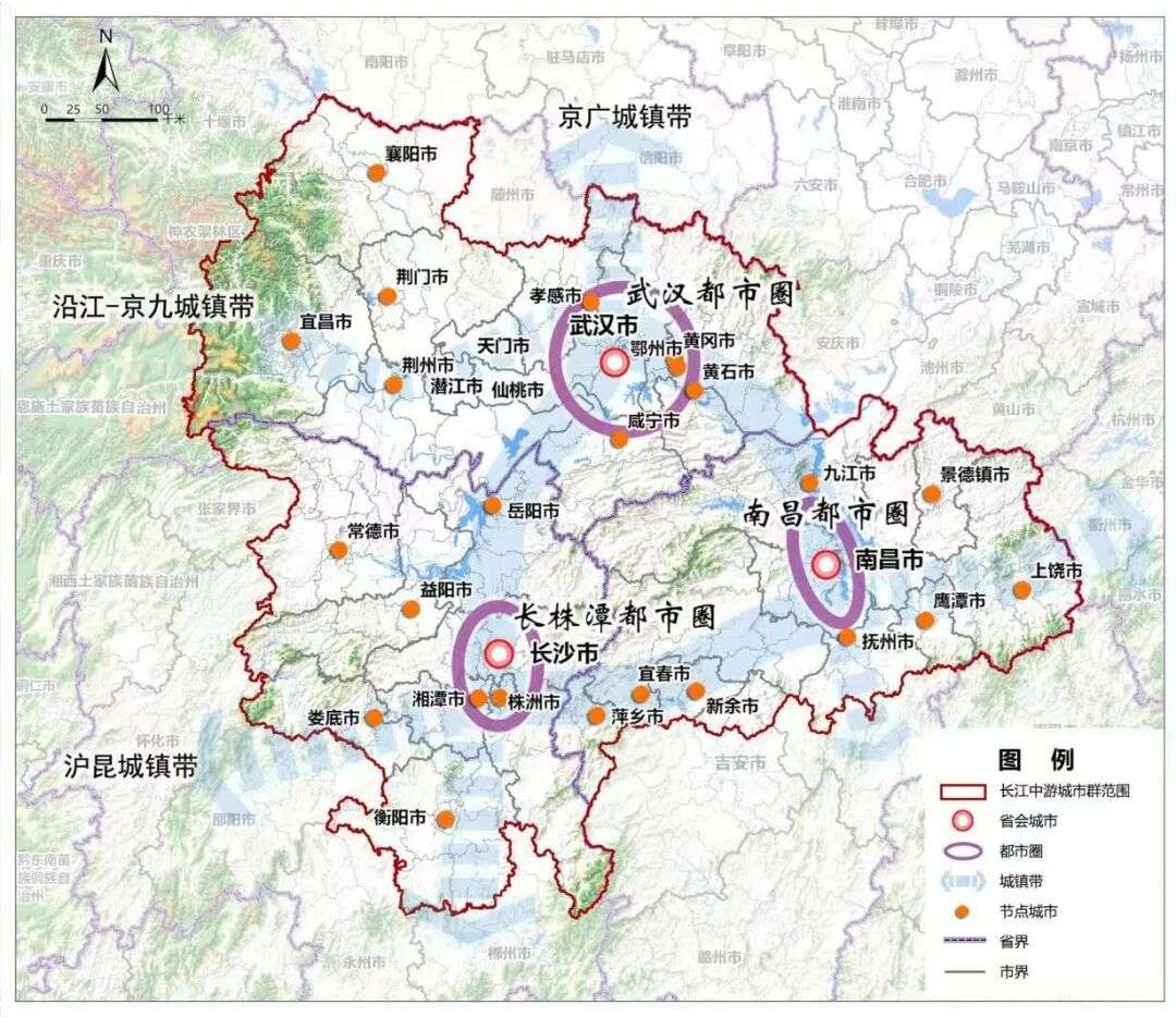 长江中游城市群空间格局示意图，来源：《长江中游城市群发展“十四五”实施方案》